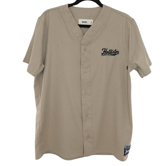 Hollister Minimalist Prep SS Button Up Tan Baseball Jersey Shirt Men's Size S - Picture 1 of 8